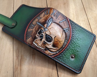 Gothic Skull Clock, Men’s 3D Genuine Leather Wallet, Hand-Carved, Hand-Painted, Airbrush Art, Leather Carving, Carved wallet, Custom wallet