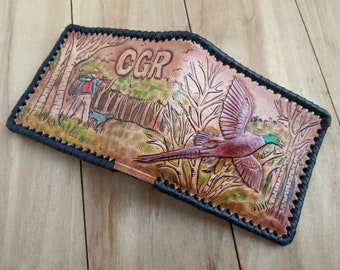 Pheasant Hunting Scene, Hunter, Bird, Men's 3D Genuine Leather Wallet, Handmade wallet, Carved wallet, Tooled wallet, Airbrush Art, A(17)