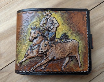 Working Cow Horse, Western, Cowboy, Men's 3D Genuine Leather Wallet, Handmade wallet, Carved wallet, Tooled wallet, Airbrush Art, A(20)