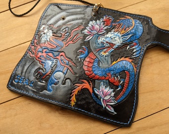 Loong, Monster, Serpentine, Chinese Dragon, Men's 3D Genuine Leather Wallet, Handmade wallet, Carved wallet, Tooled wallet, Airbrush Art