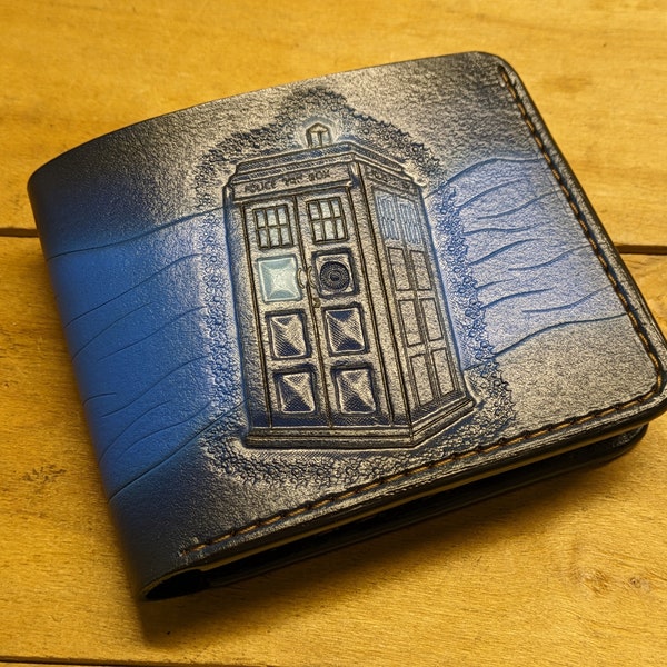Blue Call Box, Police, Men's 3D Genuine Leather Wallet, Handmade wallet, Carved wallet, Tooled wallet, Airbrush Art