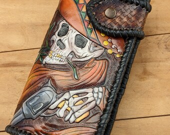 Mexican Sugar Skull, Sombrero, Cowboy, Flowers, Men's 3D Genuine Leather Wallet, Handmade wallet, Carved wallet, Tooled wallet, Airbrush Art