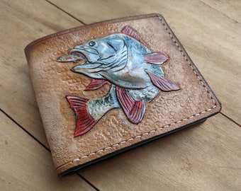 Bass Fish, Fisherman, Angling, Fish, Men's 3D Genuine Leather Wallet, Handmade wallet, Carved wallet, Tooled wallet, Airbrush Art, A(31)