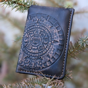 Mayan Calendar, Aztec Art, Handmade Minimalist Leather Card Case Wallet for Men & Women Front Pocket Card Holder, 3D Genuine Leather Wallet image 2