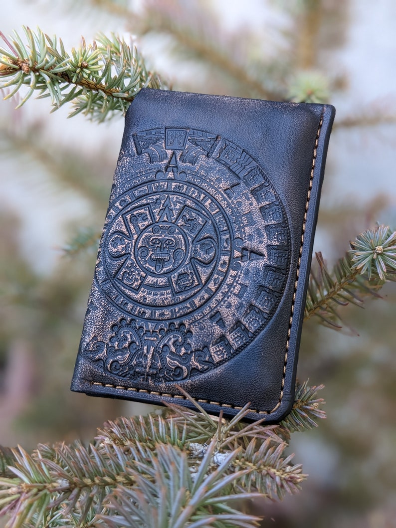 Mayan Calendar, Aztec Art, Handmade Minimalist Leather Card Case Wallet for Men & Women Front Pocket Card Holder, 3D Genuine Leather Wallet image 2