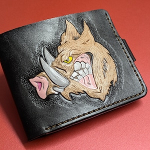 Cartera plegable de cuero genuino hecha a mano para amantes de la naturaleza y cazadores, con dibujos de jabalí, cerdo enfadado y cerdo, grabada, pintada y estampada a mano