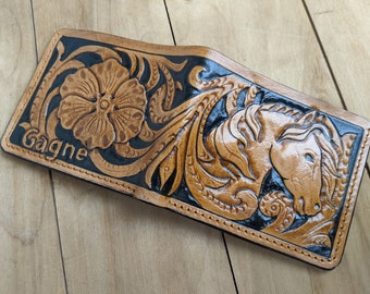 Horse, Mustang, Flower, Sheridan Wallet, Men's 3D Genuine Leather Wallet, Handmade wallet, Carved wallet, Tooled wallet, Airbrush Art, A(15)