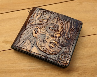 Mexican Sugar Skull, Girl, Fashion Women's 3D Genuine Leather Wallet, Handmade wallet, Carved wallet, Tooled wallet, Airbrush Art, A(9)