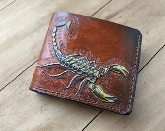 Scorpion, Men's 3D Genuine Leather Wallet, Handmade wallet, Carved wallet, Tooled wallet, Airbrush Art, A(33)