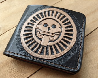 Aztec Sun Stone, Chakana, Mayan Calendar, Men's 3D Genuine Leather Wallet, Handmade wallet, Carved wallet, Tooled wallet, Airbrush Art