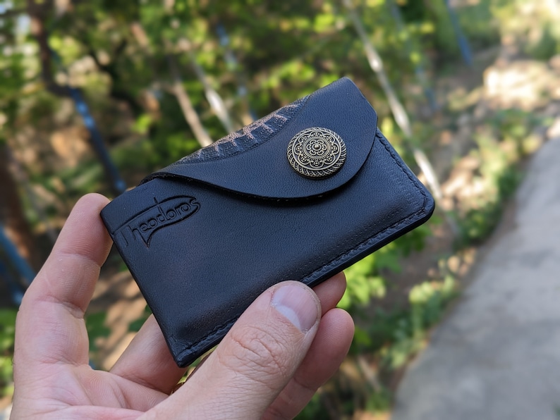 Mayan Calendar, Aztec Art, Handmade Minimalist Leather Card Case Wallet for Men & Women Front Pocket Card Holder, 3D Genuine Leather Wallet image 3