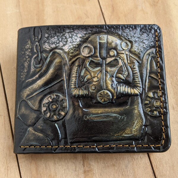 V13, Vault Dweller, T-60 Power Armor, Men's 3D Genuine Leather Wallet, Handmade wallet, Carved wallet, Tooled wallet, Airbrush Art, G(2)