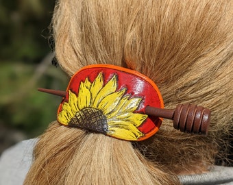 Women's 3D Genuine Leather Barrette, Hair Stick Slide, Hand-Carved, Hand-Painted, Hair Stick, Hand Crafted, Ladies, Girl, Flower, Sunflower