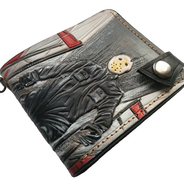 Horror, Cartera de cuero genuino 3D para hombre, Cartera hecha a mano, Cartera tallada, Cartera con herramientas, Arte con aerógrafo