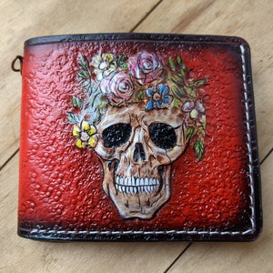 Handmade Long leather wallet men guns & roses skull black tooled carve