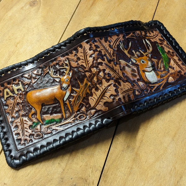 Oak Tree Leaf, Chital, Mule Deer Hunting, Outdoorsmen, Sheridan Style Pattern, Men's 3D Genuine Leather Wallet, Hand-Carved, Hand-Painted