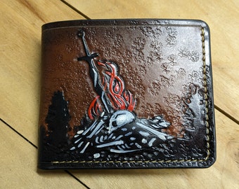 Camping, Bonfire, Skull, Bone, Jaw, Skeleton, Men's 3D Genuine Leather Wallet, Handmade wallet, Carved wallet, Tooled wallet, Airbrush Art