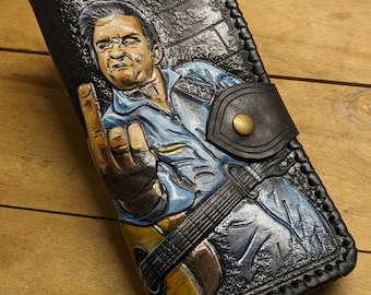 Country, Johnny Cash, Motorbike, Biker, Bike, Men's 3D Genuine Leather Wallet, Handmade wallet, Carved wallet, Tooled wallet, Airbrush Art