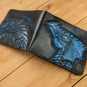 Flying Dragon, Blue Dragon, Ice Dragon, Men's 3D Genuine Leather Wallet, Handmade wallet, Carved wallet, Tooled wallet, Airbrush Art
