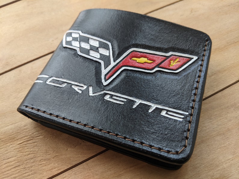 Sports Car, Vette, Chevrolet, Corvette Design, Men's 3D Genuine Leather Wallet, Handmade wallet, Carved wallet, Tooled wallet, Airbrush Art image 1