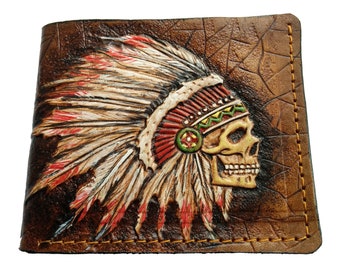 Indian Skull, Red Man, Native American Skull, Men's 3D Genuine Leather Wallet, Handmade wallet, Carved wallet, Tooled wallet, Airbrush Art