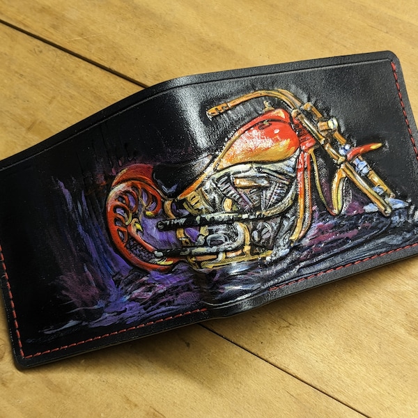 Motorbike, Riders, Motorcycle, Biker, Bike, Men's 3D Genuine Leather Wallet, Handmade wallet, Carved wallet, Tooled wallet, Airbrush Art