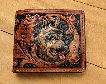 German Shepherd, Dog, Puppy, Flower, Men's 3D Genuine Leather Wallet, Handmade wallet, Carved wallet, Tooled wallet, Airbrush Art, A(5)