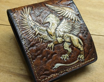 Griffin, Griffon, Mythological Creature, Gryphon, Animal, Men's 3D Genuine Leather Bifold Wallet, Carved wallet, Tooled wallet, Airbrush Art