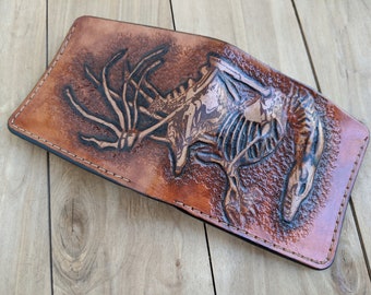 Skeleton, Monster, Serpentine, Flying Dragon, Men's 3D Genuine Leather Wallet, Handmade wallet, Carved wallet, Tooled wallet, Airbrush Art