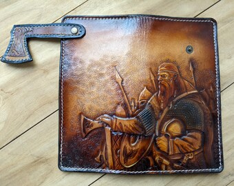 Viking Warrior, Odin, Axe, Runes, Valhalla, Men's 3D Genuine Leather Wallet, Handmade wallet, Carved wallet, Tooled wallet, Airbrush Art