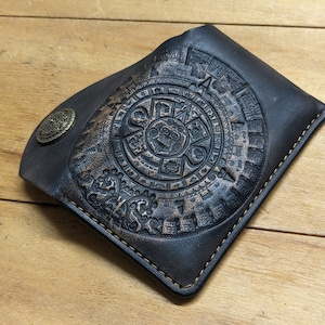 Mayan Calendar, Aztec Art, Handmade Minimalist Leather Card Case Wallet for Men & Women Front Pocket Card Holder, 3D Genuine Leather Wallet image 1