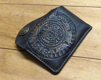 Mayan Calendar, Aztec Art, Handmade Minimalist Leather Card Case Wallet for Men & Women Front Pocket Card Holder, 3D Genuine Leather Wallet