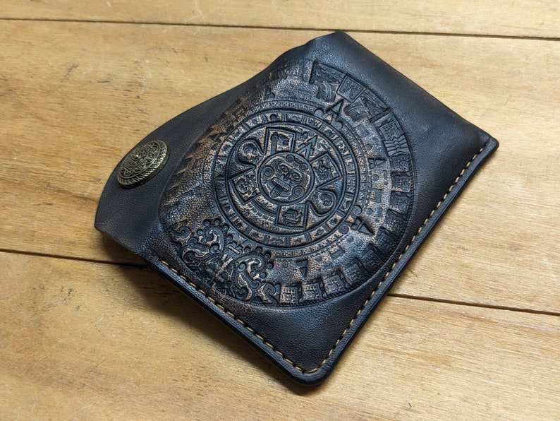 Mayan Calendar, Aztec Art, Handmade Minimalist Leather Card Case Wallet for Men & Women Front Pocket Card Holder, 3D Genuine Leather Wallet image 1