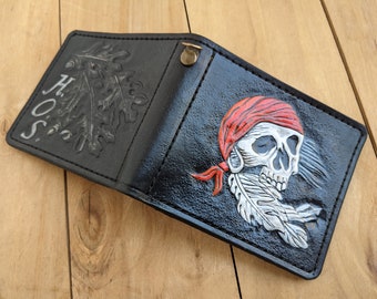 Oak Leaf, Skull, Skeleton, Gothic Style, Men's 3D Genuine Leather Wallet, Handmade wallet, Carved wallet, Tooled wallet, Airbrush Art