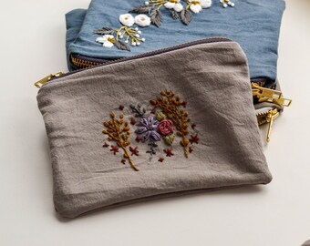 Hand embroidered wildflower pouch, Hand Embroidered Pouch, Small Zipper Pouch, make up bag, cosmetic bags, embroidered clutch