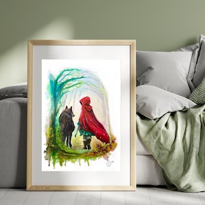 Little Red Riding Hood print, colorful wall art, art, illustration, living room print, fantasy drawing, fairy tale, Little red riding hood, baby room