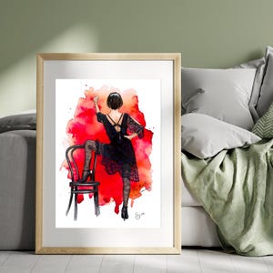 May include: Watercolour illustration of a woman in a black lace dress with a red watercolour background. The woman is standing on a chair with her leg raised and her arm extended. The text "The back of someone beautiful" is written in the bottom right corner of the image.