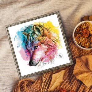 Wolf-Druck, bunte Wandkunst, Kunst, Illustration, Wohnzimmerdruck, Tierzeichnung