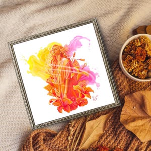 May include: A framed watercolor painting of a woman with long blonde hair standing in a field of red flowers. The background is a mix of yellow and pink watercolor washes.