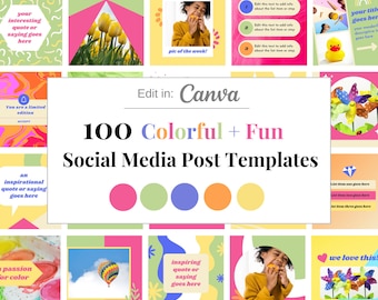 100 Colorful Fun Instagram Posts, Vibrant Social Media Templates, Candy,  Pink - Yellow - Orange - Green, Funky, Bold, Canva Frames