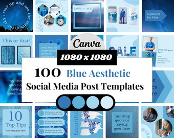 100 Blue Instagram Templates, Editable Social Media Posts, Blue Aesthetic, Small Business & Bloggers Canva Templates, Branding Kit