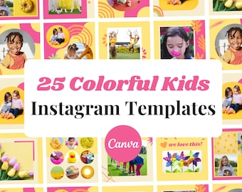 Colorful Kids Instagram Templates, Children, Childcare, Fun, Social Media Posts,  Yellow Pink, Canva Templates