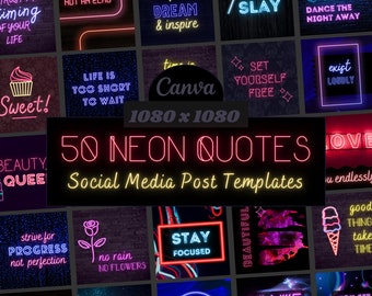 50 Neon Instagram Post Templates, Canva Quote Templates, Colorful Fun Social Media Posts, Vibrant, Positive Mindset Inspiring Quotes