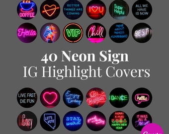 40 Neon Signs Instagram Story Highlight Icons, IG Story Covers, Neon Words, Night City Theme, Fun 90s Retro Disco Club Bar Cover Icons