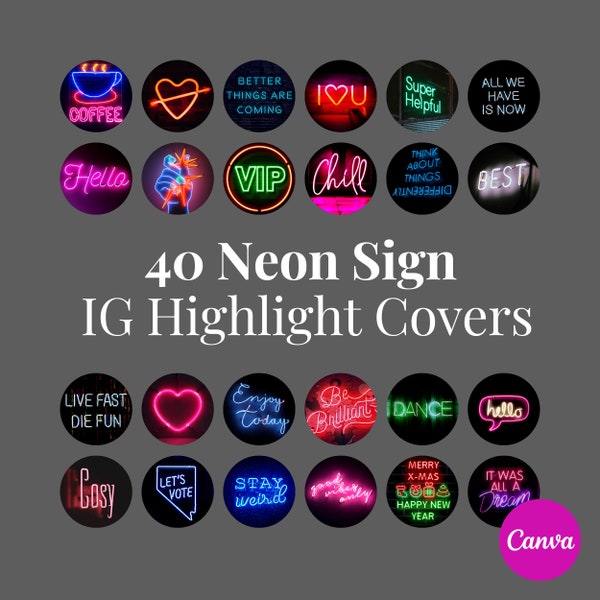 40 Neon Signs Instagram Story Highlight Icons, IG Story Covers, Neon Words, Night City Theme, Fun 90s Retro Disco Club Bar Cover Icons