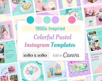 25 Retro Pastels Instagram Post Templates, Colorful Social Media Canva Posts for Bloggers and Business Brands, Facebook Post Templates, Mint