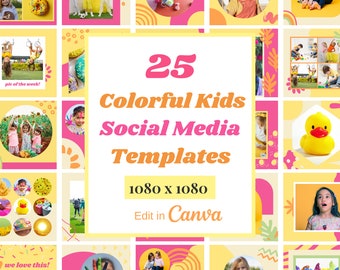 25 Colorful Kids Social Media Posts, Children Instagram Templates, Teacher, Childcare, Preschool, Education, Yellow Pink Canva Frames