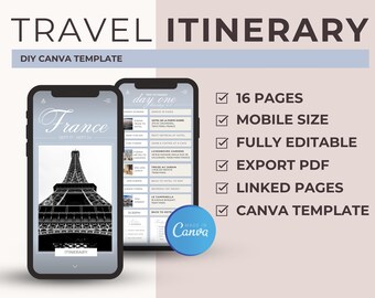May include: A mobile phone screen displaying a travel itinerary template for a trip to France. The template is designed for Canva and includes 16 pages, mobile size, full editability, PDF export, linked pages, and a "Made in Canva" logo.