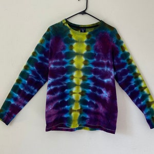 Tie Dye Tee Shirt Long Sleeve Crew Neck Top Adult Unisex Size S hand dyed in purple, blue and green