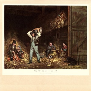 Currier & Ives Color Art Print &quot;Husking&quot; and &quot;Mink Trapping&quot; 2 sided vintage book page ready for framing or an art project